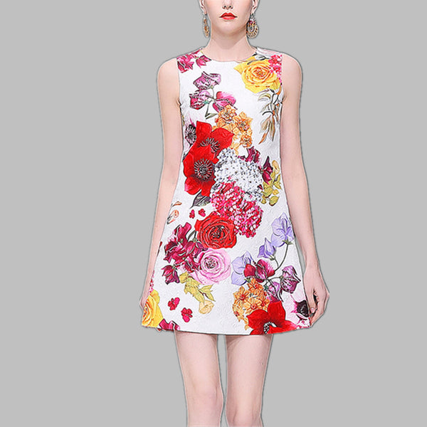 JSXDHK Runway Designer Sleeveless Women Dress Summer Printed Petal Floral Tank Vest A-Line Dress Vintage Bodycon Dress