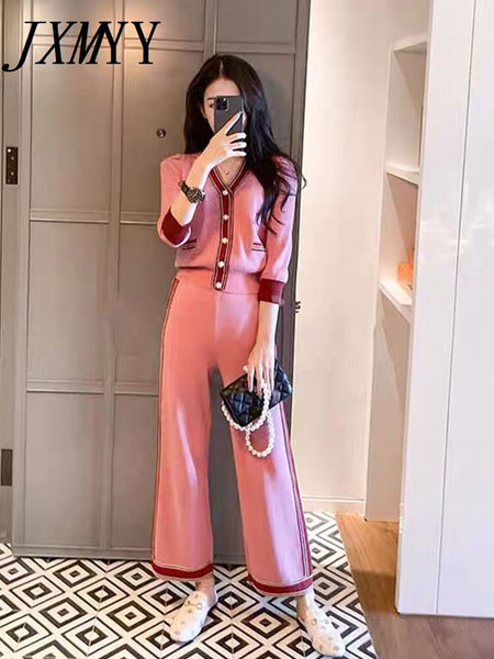 imCharms 2023 Pink Trousers Suit Temperament Autumn Elegant Temperament Women's Knitted Casual Two-Piece Suit