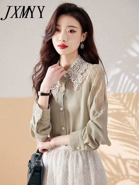imCharms 2023 Spring And Autumn Design Sense Niche Elegant Temperament Lace Stitching Mesh Long-Sleeved Shirt Women