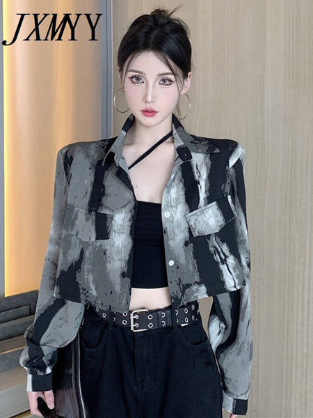 imCharms 2023 Spring And Autumn Fashionable Loose Niche Design Sense Ink Wash Tie-Dye Long-Sleeved Shirt Short Jacket Top Women