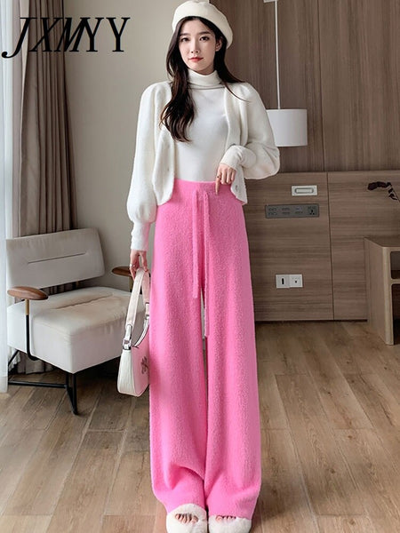 imCharms 2023 Winter Classic Elastic Waist Cashmere High Waist Straight Joker Wide Leg Pants Women's Dress