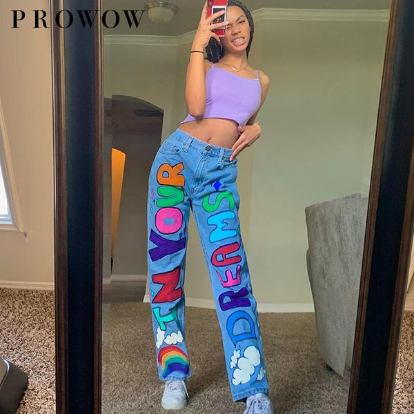 Jeans Female 2022 Printed Letters Of Tall Waist Straight Canister Female Hip-hop And Personality Leisure Trousers