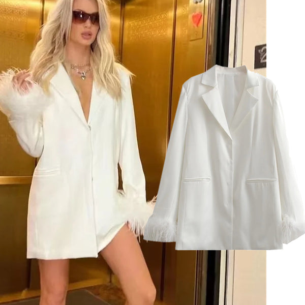Jenny&Dave 2023 Fahsion Vintage Women Jacket Feather In Sleeve Pure White Loose Long Blazers Women