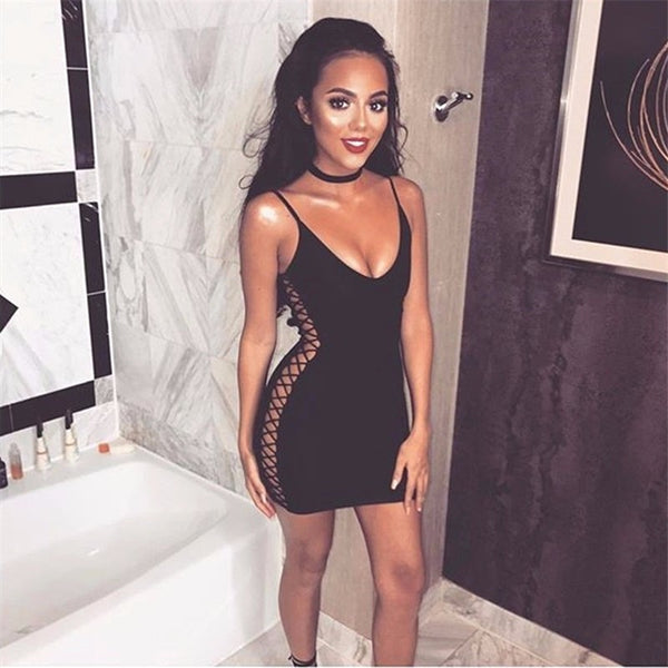 Fashion Sexy Deep V neck straps Side Lace Up dresses Party Celebrity Women Wholesale Bandage Dress drop shipping