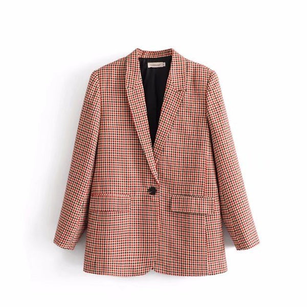 JuneLove 2022 spring women casual pink plaid blazer office lady full sleeve blazer notched collar single button female blazer