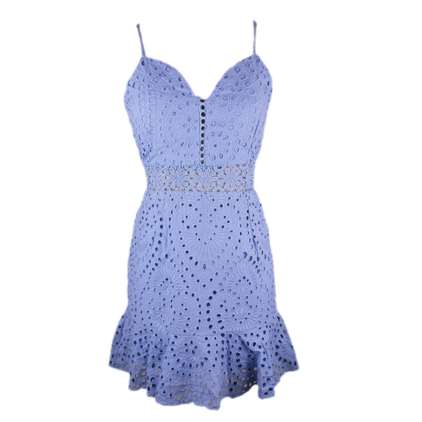 JuneLove 2022 spring women sexy lace hollow out mini a line dress spaghetti strap dress ruffles high waist V neck slim dress