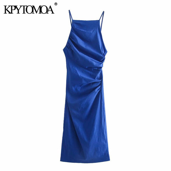 KPYTOMOA Women 2022 Chic Pleated Fitted Midi Shift Dress Vintage Backless Zipper Thin Straps Female Dresses Mujer