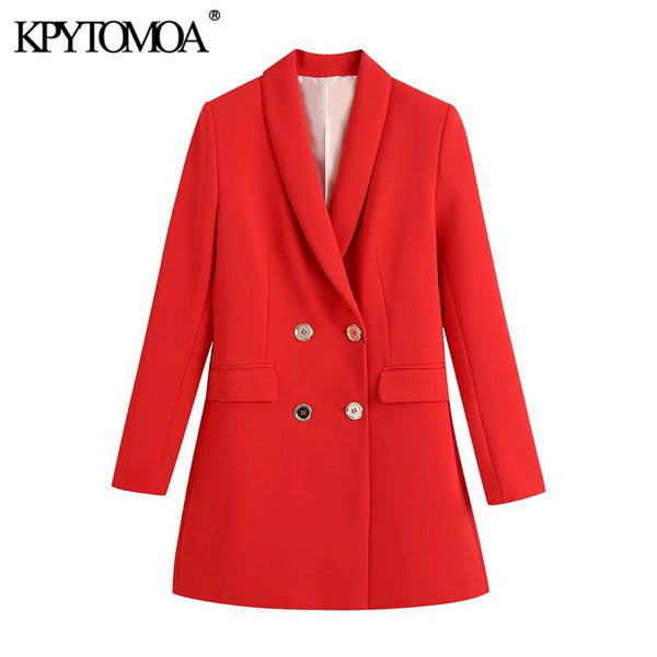 KPYTOMOA Women 2022 Office Wear Double Breasted Blazer Coat Vintage Long Sleeve Flap Pockets Female Outerwear Chic Veste