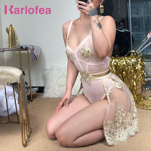 Karlofea Women Two Piece dress Top And Bottom Gold Appliques V Neck Slim Lady Clubnight Party Dress Sexy Vestidos