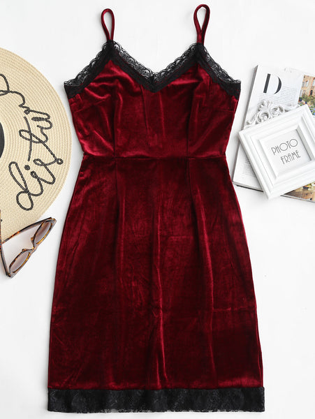 Sexy Lace Trim Velvet Spaghetti Strap Dress Halter Bandage High Waist Sleeveless Lace Patched Dress Party Club Vestidos