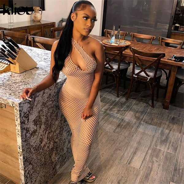 Kliou Grid Inclined Shoulder Maxi Dress Sexy See Through Women Sleeveless Backless Strap Female Clubwear Apparel