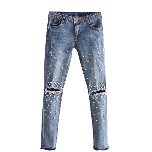 Knee Hole Ripped Jeans Women Stretch Denim Pencil Pants Casual Slim Fit Rivet Pearl Jeans Autumn Long Trousers Low Waist Cowboy