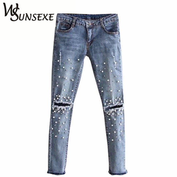 Knee Hole Ripped Jeans Women Stretch Denim Pencil Pants Casual Slim Fit Rivet Pearl Jeans Summer Long Trousers Low Waist Cowboy
