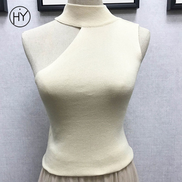 Knitted Tank Tops Women Sexy Cold Shoulder Black Solid Casual Tank Tops Tees Sleeveless Elastic Tees With Shiny Summer 2022