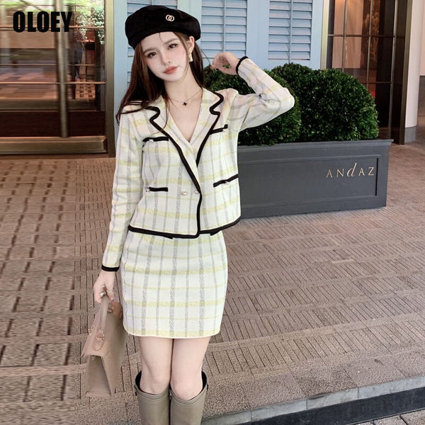 Korean Autumn 2022 Women'S Plaid Color-Blocking Elegant Office Short Suit Jacket + French Mini Skirt Two-Piece Suit