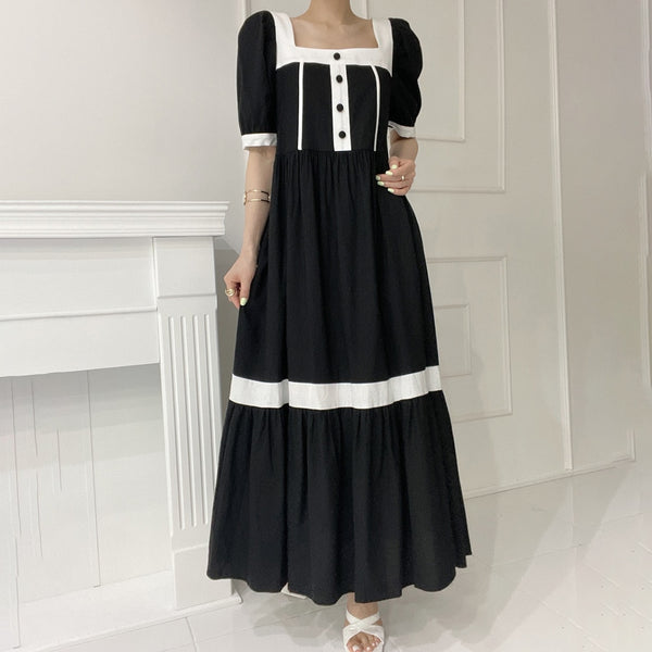 Korean 2022 Summer Square Collar Color Contrast Puff Sleeve Splicing Dress Casual Casual Women's Clothing