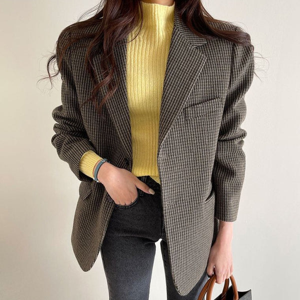 Korean Jacket Trench Coat Chic Autumn Suit Collar Plaid Design Loose And Two Long Sleeve Tweed