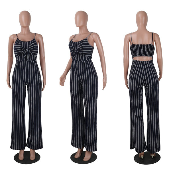 Korean Lady Elegant Tie Bow Strap Off Shoulder Hollow Out Back Elastic Band Stripe Straight Wide Leg Jumpsuits Romper Plus Size