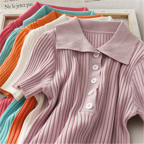 Korean Solid Candy Color Knitted Blouse Shirt Women Turn Down Collar Short Sleeve Buttons Tee Shirts Femme Camiseta Feminina
