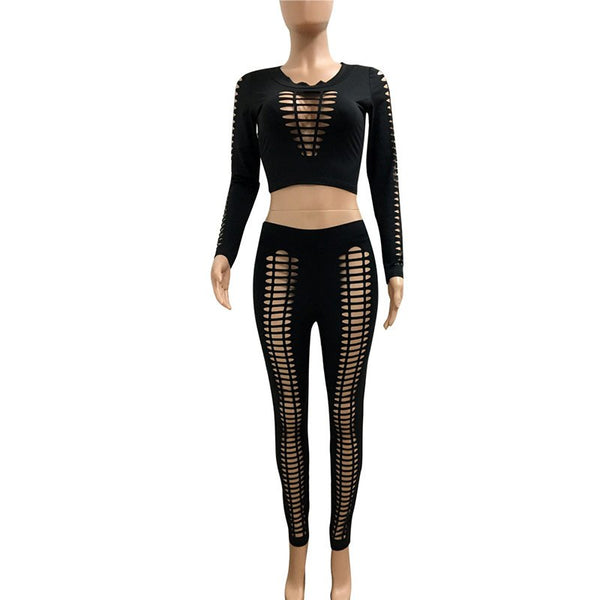 Slash Neck Off Shoulder Sexy Women Jumpsuits 2 Piece Set Summer Romper Long Sleeve Hollow Out Rompers Womens Jumpsuit