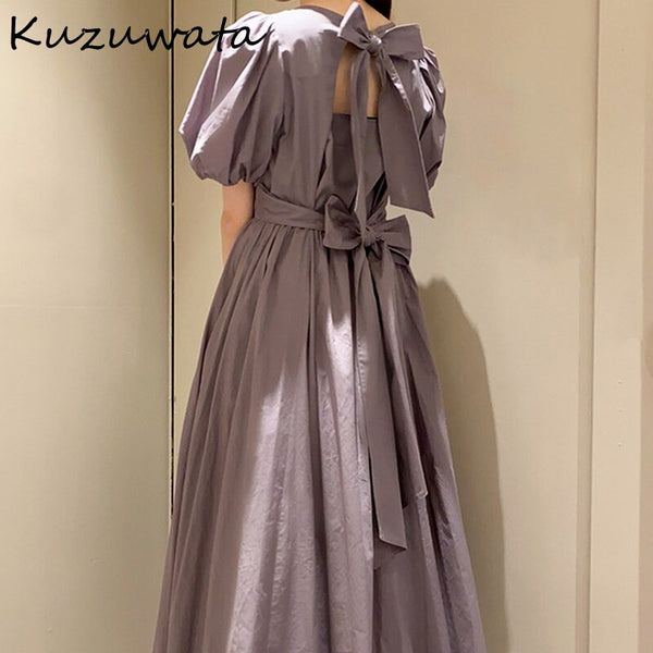 Kuzuwata O Neck Puff Short Sleeve Pullover Dress Women Sexy Open Back High Waist Hip A Line Long Vestidos Summer Multicolor Robe