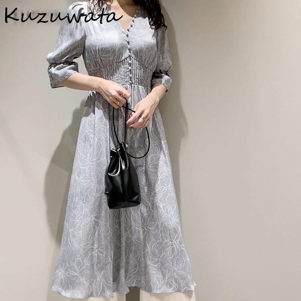 Kuzuwata V Neck Long Sleeve Slim Pullover Dress Women Vintage Print High Waist Hip A Line Long Vestidos Spring 2022 Robe