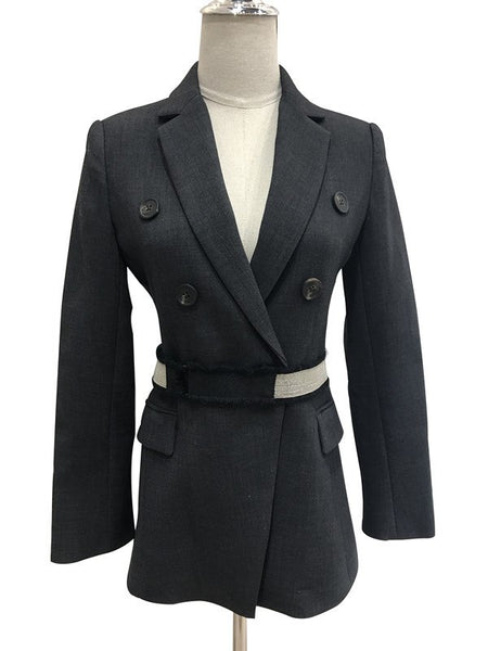 2022 Summer Autumn New Pattern Coat Notched Button Full Sleeve Belt Tunic Empire Waist Ladies Fashion Blazer BC084