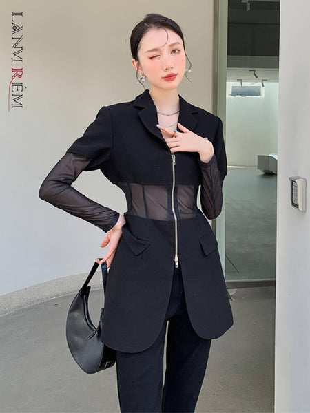 LANMREM 2022 Spring Net Yarn Stitching Perspective Waist Deep V-neck Suit Coat Women Long Sleeve Black Blazer 2W742