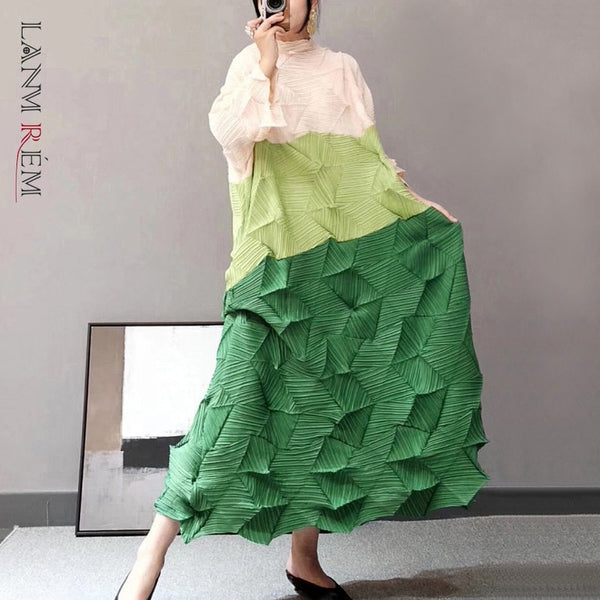 LANMREM Stand Collar Hit Color Long Pullover Dress Women 2022 Autumn Vintage Loose Temperament Pleated Dress Tide PD144