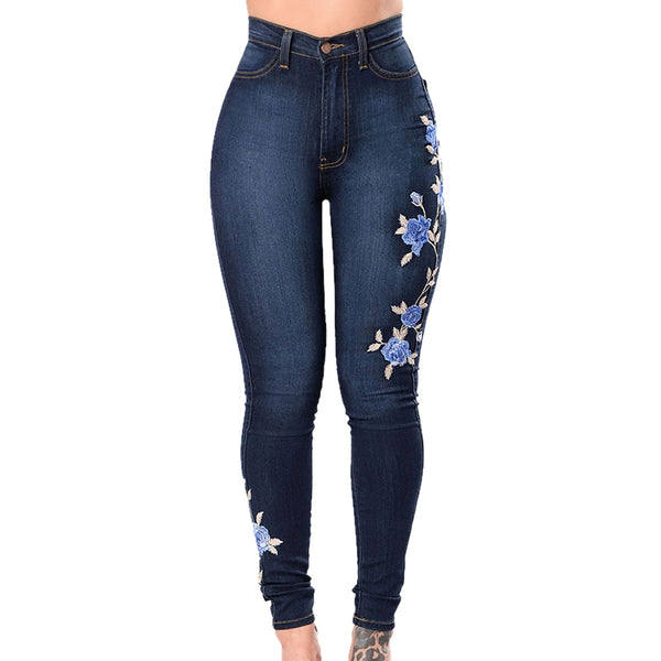 Flower Embroidered Jeans Pant Women Elastic Mom Jean Pencil Denim Pant Female sexy skinny Pantalon Femme bottom trouser