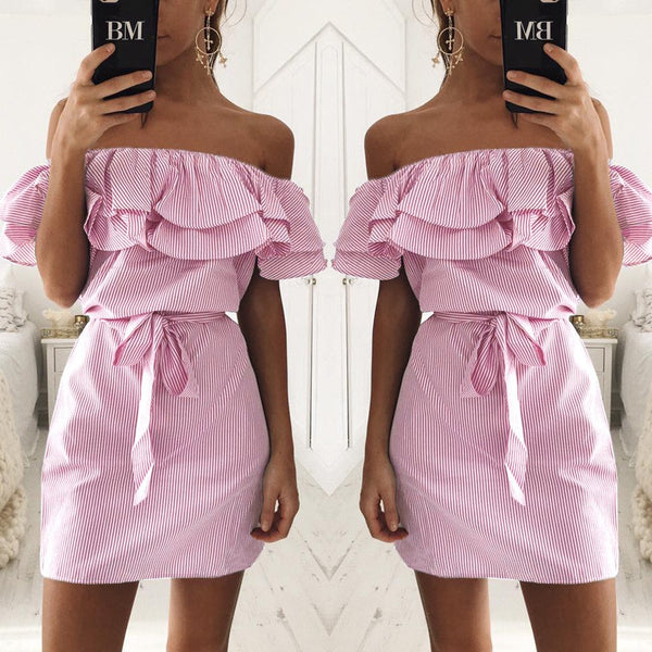 Summer Mini Dress Women Fashion Sexy Off Shoulder Slash Neck Striped Vestidos Female Beach Sundress For Party