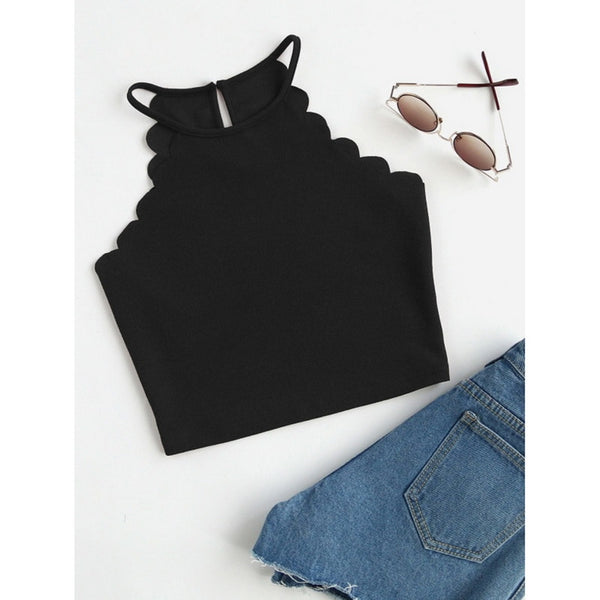 Women 2022 Crop Tops Solid Black Scallop Trim Halter Top New Summer Women Sleeveless Slim Camisole Women Sexy Tees Top