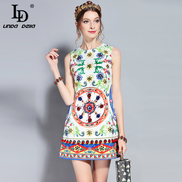 New 2022 Designer Summer Dress Women's Sleeveless Luxury Crystal Beading Floral Print Casual Mini Short Dress