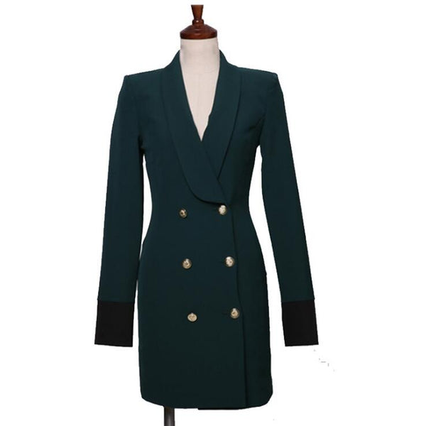 Korean Fashion Ladies Blazers 2022 Autumn Temperament Double Breasted Blazer Long Women Sexy V-Neck Slim Work Suit Dress