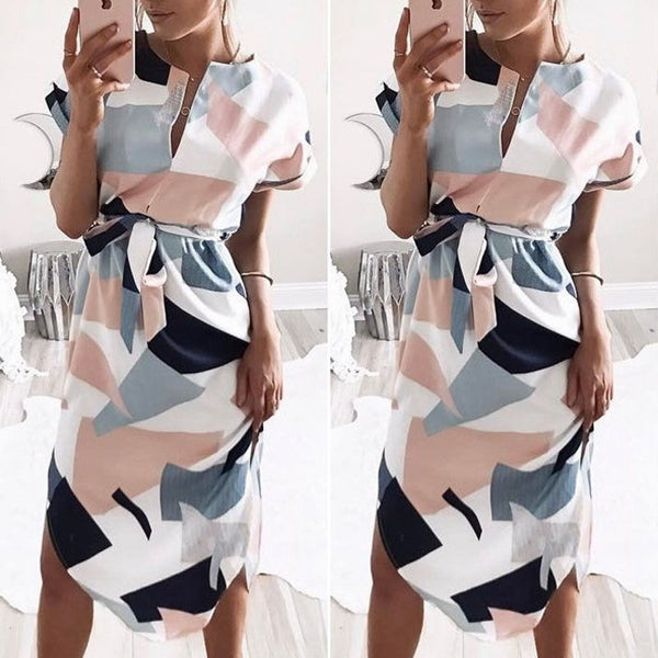 Summer Dress Women Fashion Print Bandage Elegant Cute Sashes Robes V-neck Sexy Slim Sheath Women Dresses Vestidos