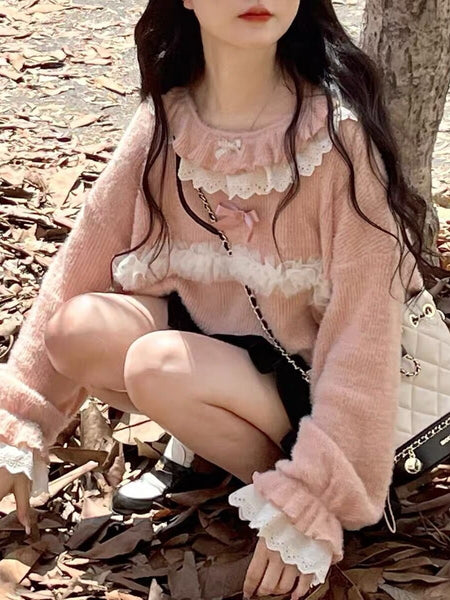 Lace Ruffle Kawaii Pink Sweater Japanese Style Women Cute Knitted Pullover Bow Patchwork Harajuku Y2k Aesthetic Jumper