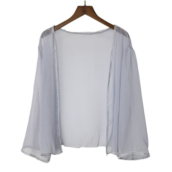 Lace Sunscreen Cardigan Clothes Women Europe Casual Loose Solid Color V-neck Shirt Summer Pullover Blouse Outwear Beach