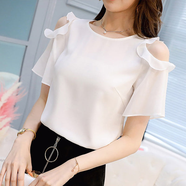 Ladies Off Shoulder Ruffles Shirts Women's Chiffon Blouses Women Summer Causal O-neck Short Sleeve Solid Tops Black/White
