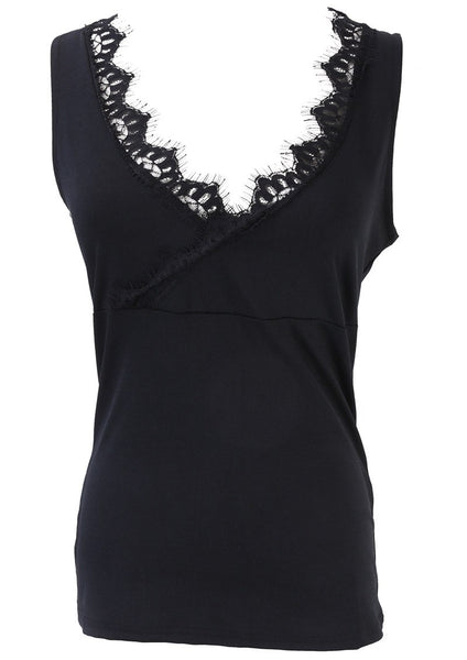 Ladies Vest Top Sleeveless V-neck Lace Casual Tank Tops Solid White Black Summer