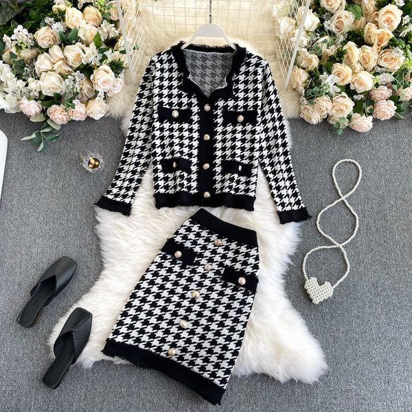 Ladies style houndstooth knitted long-sleeved blouse women + high waist slimming hip skirt autumn suit women