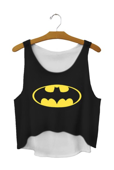 The Batman Sign Cartoon Printed Black Crop Tops Summer Elastic Cute Sexy Tank Top Fitness Women Cropped Vest F669