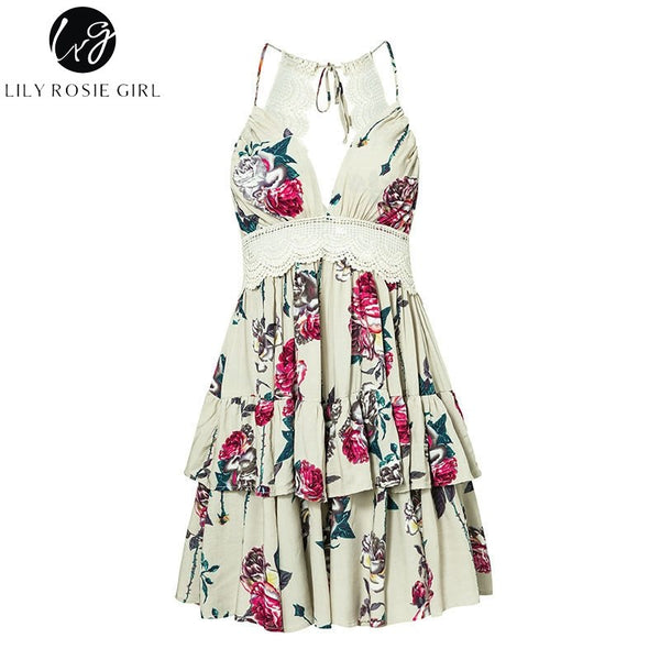 Lily Rosie Girl Backless Lace Summer Dress Spaghetti Strap Boho Women Dress Floral Beach Dress Vestidos