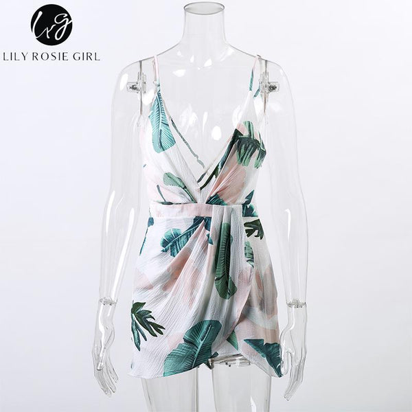 Lily Rosie Girl Deep V Neck Ruffles White Floral Print Mini Dress Summer Beach Sexy Backless Boho Short Strap Dresses Vestidos