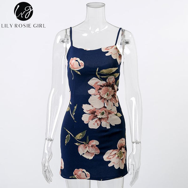 Lily Rosie Girl Off Shoulder Navy Blue Boho Floral Print Mini Dress Sexy Party Backless Bow Summer Beach Short Dresses Vestidos