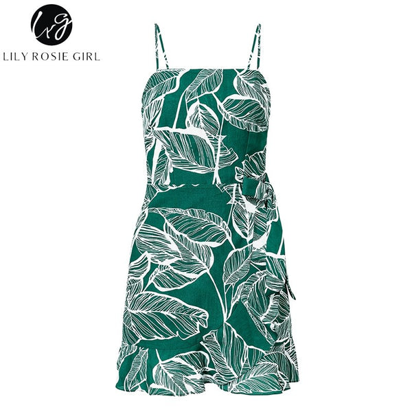 Lily Rosie Girl Print Ruffles Boho Summer Dress Spaghetti Strap Leaf White Party Dress Bow Short Sexy Women Dress Vestidos