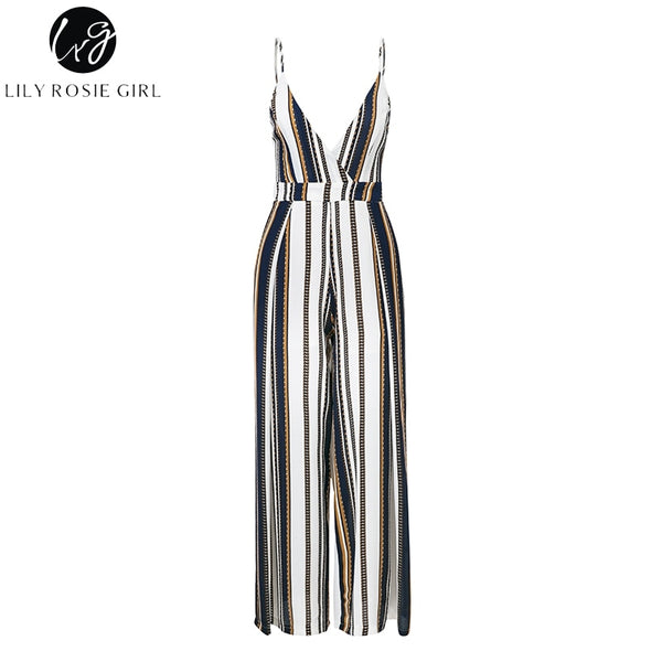 Lily Rosie Girl Spaghetti Strap Chiffon Summer Jumpsuit Striped Bow Women Jumpsuit Rompers Deep V Neck Backless Sexy Jumpsuit
