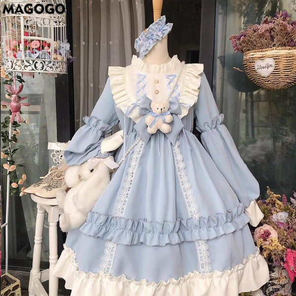 Lolita Style Dress Women Lace Maid Costume Dress Long Sleeve Kawaii Loose Soft Sisters Female Cute Sweet Mid Dress
