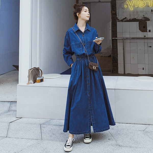 Long Sleeve Denim Dress Women 2022 Spring Summer Korean Style Maxi Ankle-Length Jeans Ladies Clothes Outwear