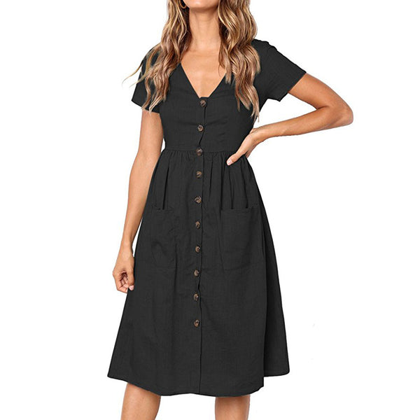 Women Casual A Line Dress V Neck Solid Polyester Summer Dresses For Women Knee Length Dress Pockets Beach Dress For Women