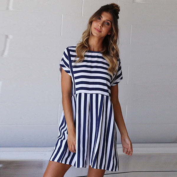 Women Summer Beach Dress A-Line Striped Short Sleeve O-Neck Print Dresses Casual Pink Mini Style Dress 2022 Sexy Sundress
